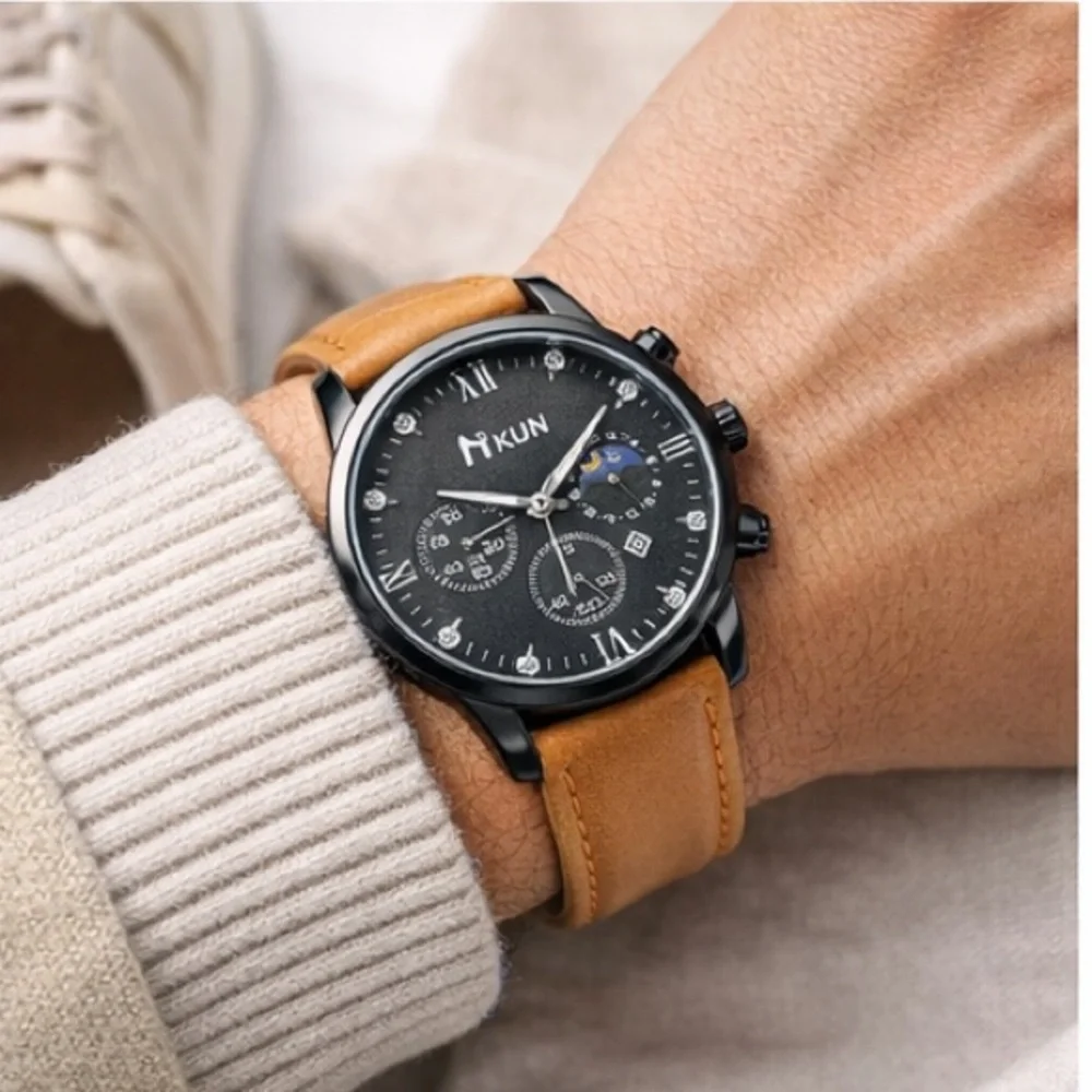 IKUN Men’s Fashion Watch Black Dial Chrono Style Quartz Tan Faux Leather Strap